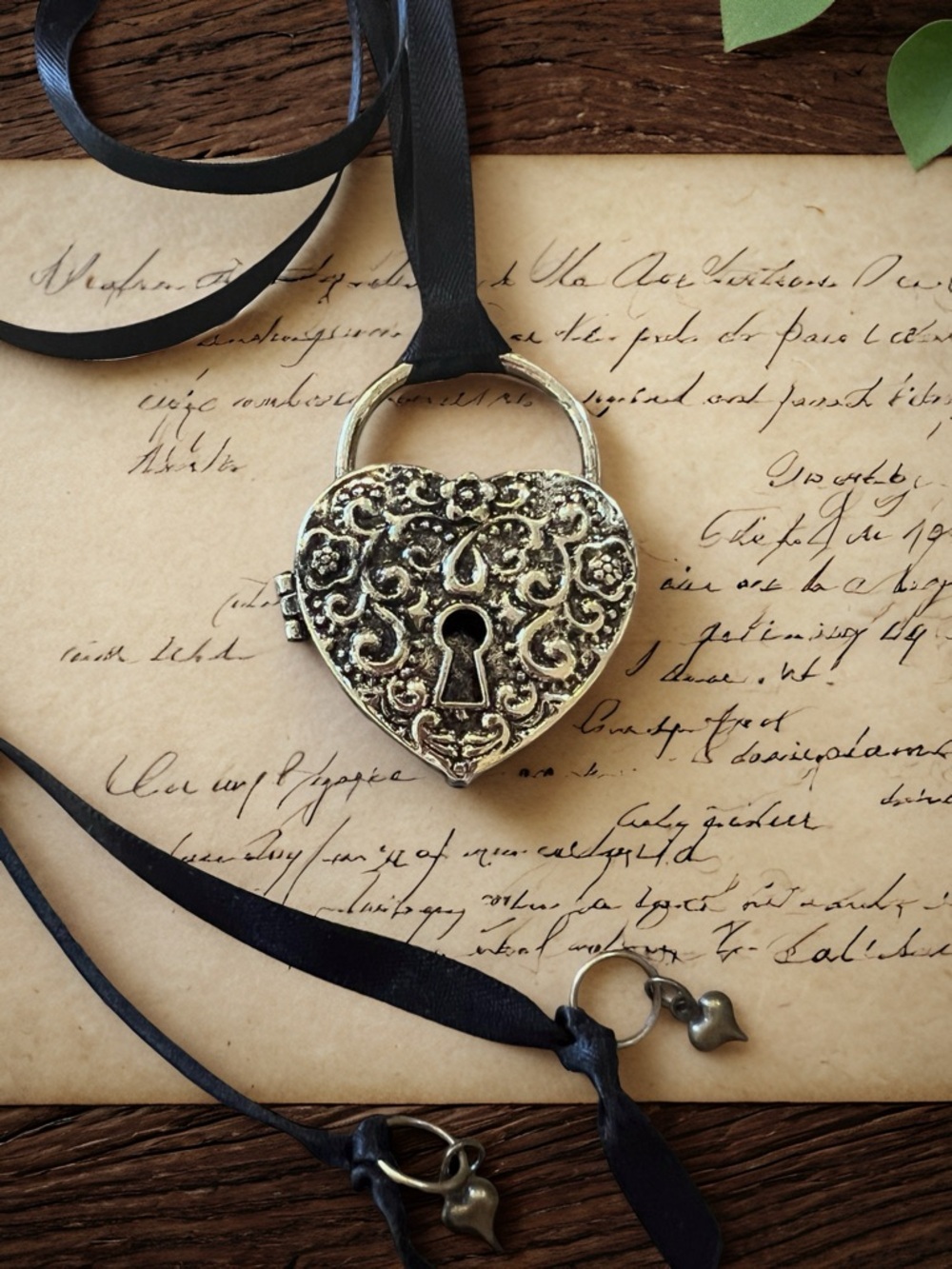 Heart Lock Pendant Locket Necklace in Antiqued Gold and Black